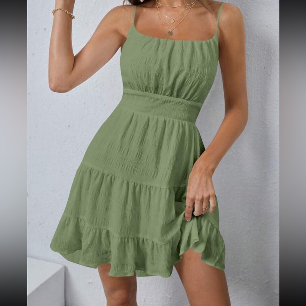 NWT SHEIN Solid Ruffle Hem Cami Dress Sage Green Sleeveless Dress Size Small